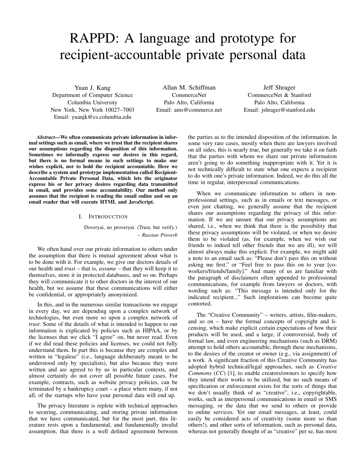 First page of RAPPD: A Language and Prototype for Recipient-Accountable Private Personal Data