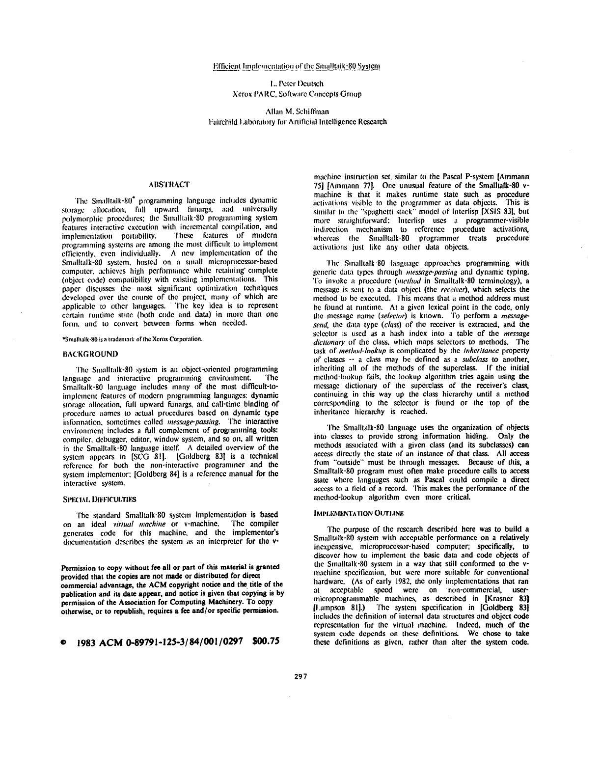 First page of Efficient Implementation of the Smalltalk-80 System